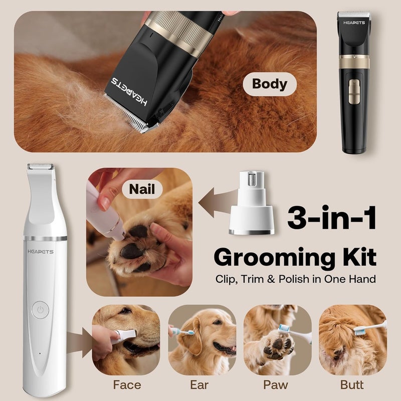 HEAPETS Dog Hair Clippers for Grooming Kit and Dog Paw Trimmer Nail Grinder for Grooming, Low Noise Rechargeable Cordless, Shaver Grooming Supplies for Pet Cats Dogs (Black, White) - Image 2